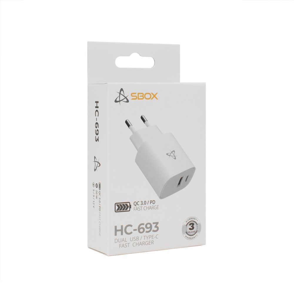 SBOX Oplader HC-693 SB | 15W | USB-A & USB-C (2 Poorten) | Wit