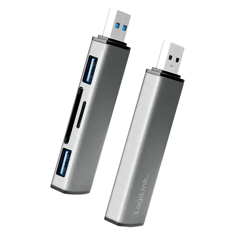 LogiLink USB 3.2 Gen 2 Hub, 2-port, USB-A, w/cardreader, aluminum, grey