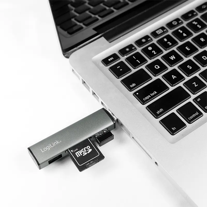 LogiLink USB 3.2 Gen 2 Hub, 2-port, USB-A, w/cardreader, aluminum, grey