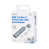 LogiLink USB 3.2 Gen 2 Hub, 2-port, USB-A, w/cardreader, aluminum, grey