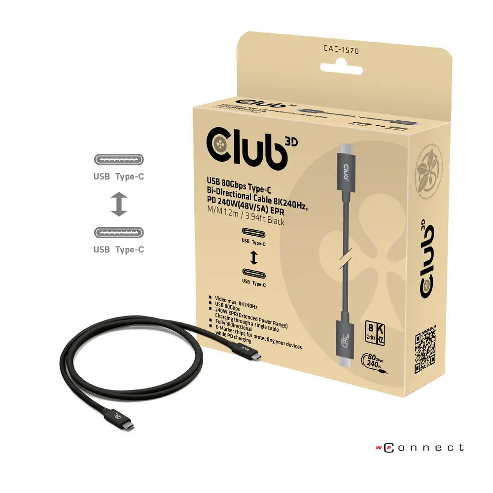 CLUB3D USB 80Gbps Certified 240W 8K240Hz Type-C® 1.2m / 3.94ft Black thunderbolt Cable
