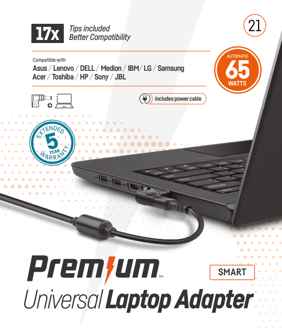 Premium universele adapter in retailverpakking 65 Watt 17-tips  incl. netsnoer