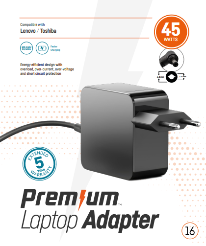 Premium adapter in retailverpakking Lenovo 20V 2,25A 4,0mm * 1,7 mm wandlader