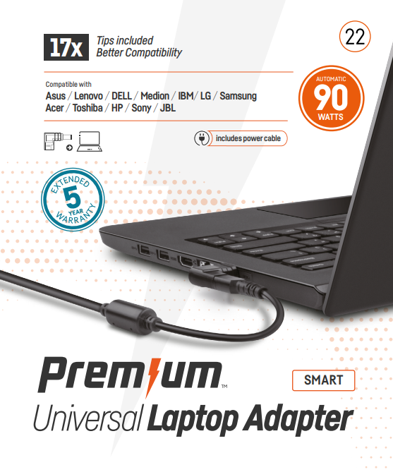 Premium universele adapter in retailverpakking 90 Watt 17-tips  incl. netsnoer
