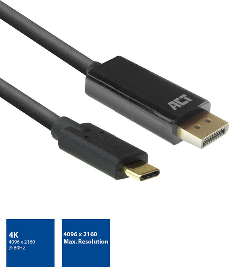 ACT USB C naar DisplayPort Kabel - 4K@60Hz – DislayPort 1.2 -Geschikt voor Monitor - 2m – AC7325