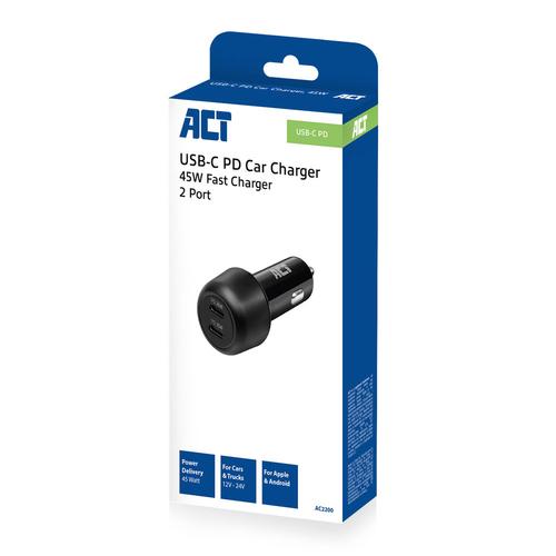 Act AC2200 2-poorts USB-C Fast Charge Autolader 45W met Power Delivery