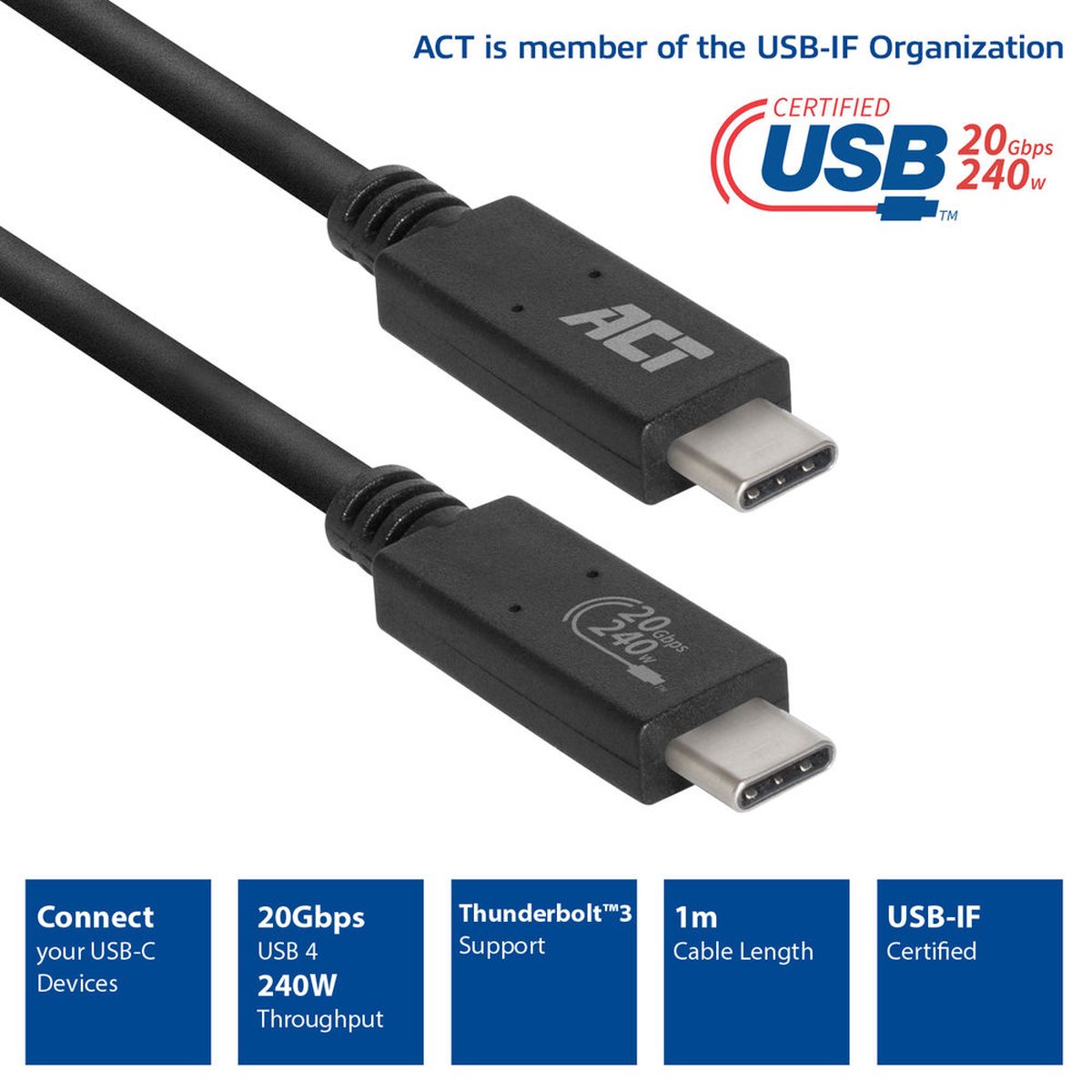 ACT AC7431 USB-C Kabel  USB4® 20Gbps  Aansluitkabel C male - C male  USB-IF gecertificeerd  Thunderbolt 3  1 meter