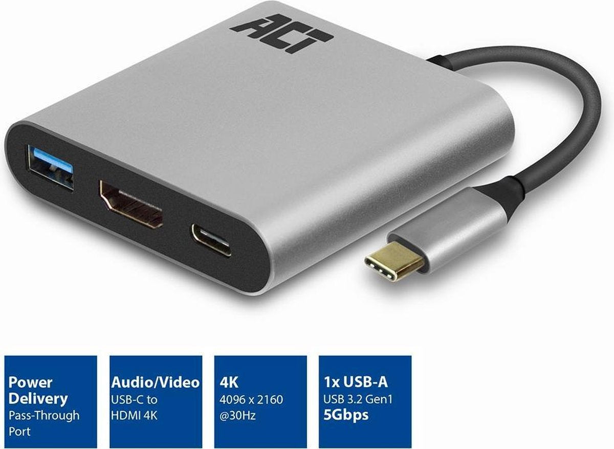ACT AC7022 USB C Hub 3 in 1 met aluminium behuizing – 4K HDMI – USB 3.0 – USB Type C