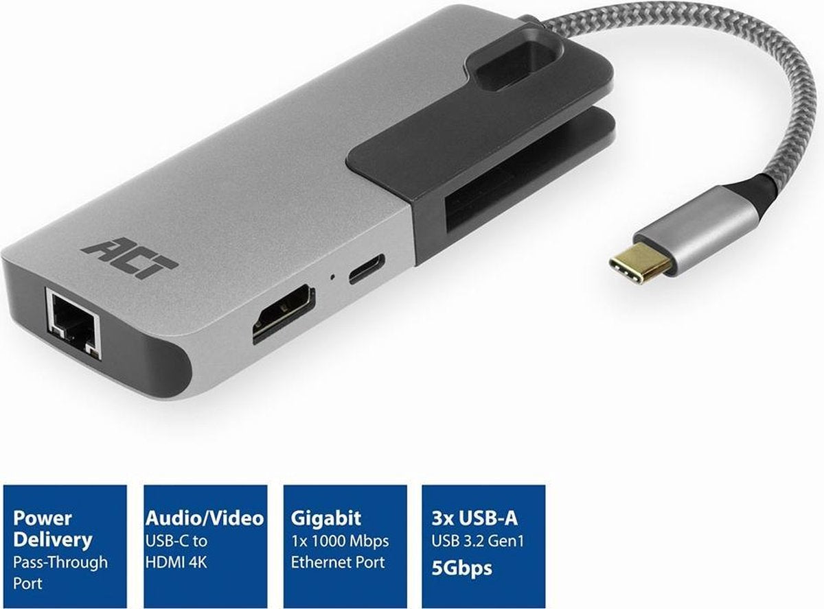 ACT AC7042 USB-C 4K multiport adapter met HDMI, USB-A, LAN, USB-C PD Pass-Through 60W