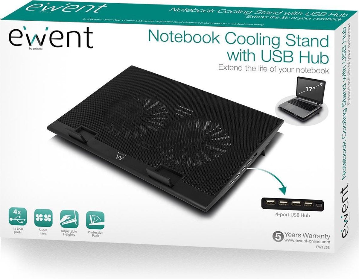 Ewent EW1253 Notebookstandaard met koeling en USB hub