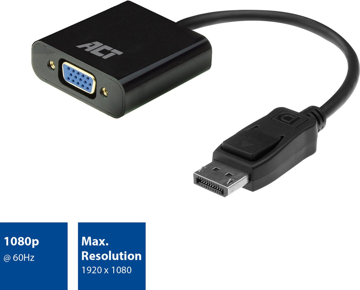 ACT DisplayPort naar VGA adapter – Full HD 1080P 60Hz – Sluit 1 additionele VGA Monitor aan - AC7515