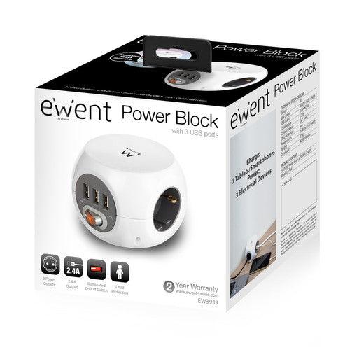 Ewent EW3939 Stekkerdoos Met 3 usb-A Poorten 1.5m wit