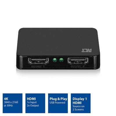 ACT 4K HDMI 1.4 splitter 2 poorts Video splitter - Zwart