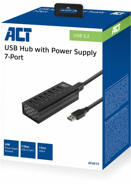 ACT USB 7 Port Met Stroomadapter Hub - Zwart AC6315