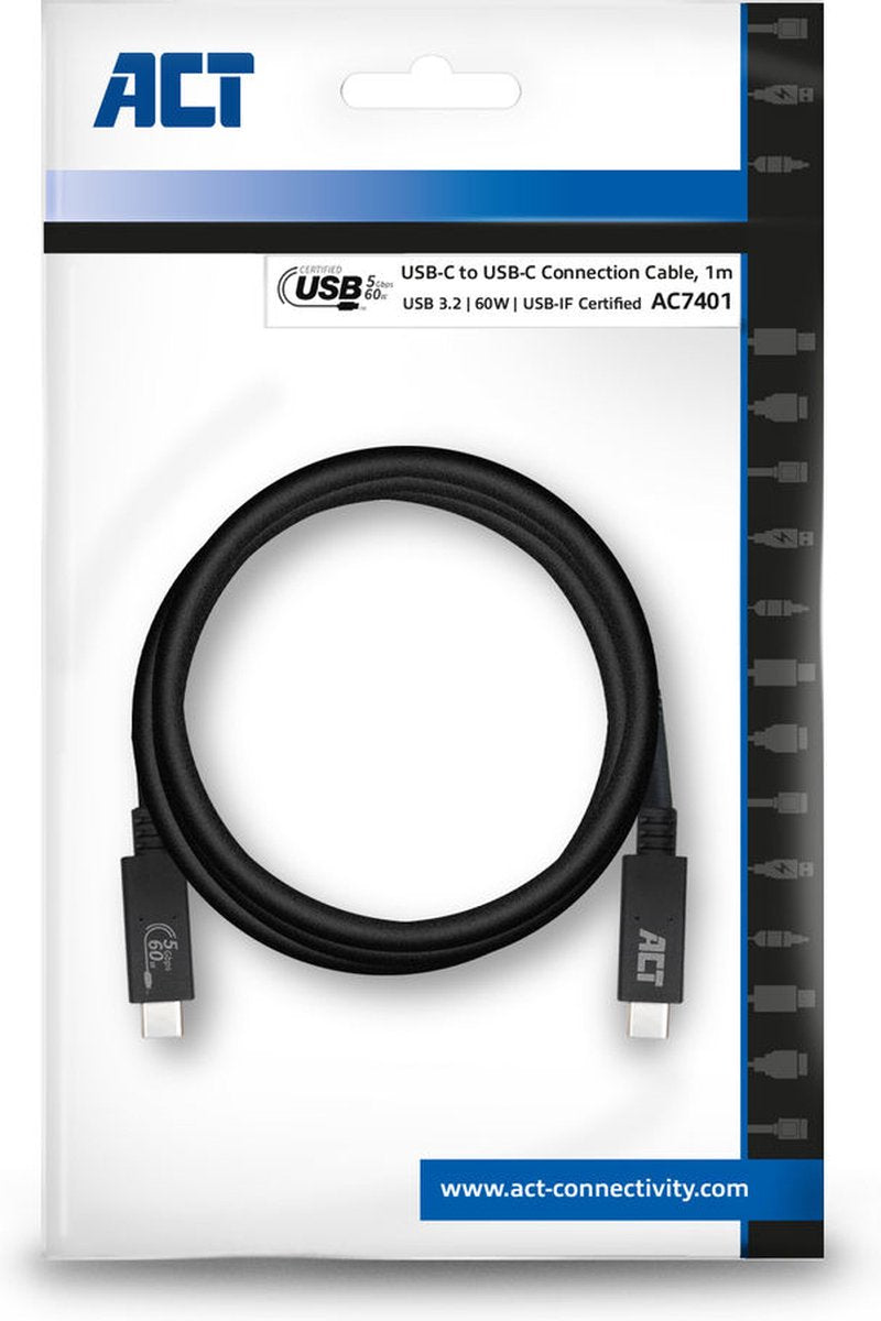 ACT AC7401 Gecertificeerde USB-C Kabel - 3.2 Gen1 - Aansluitkabel - C male - C male - 5Gbps - Zwart - 1 meter