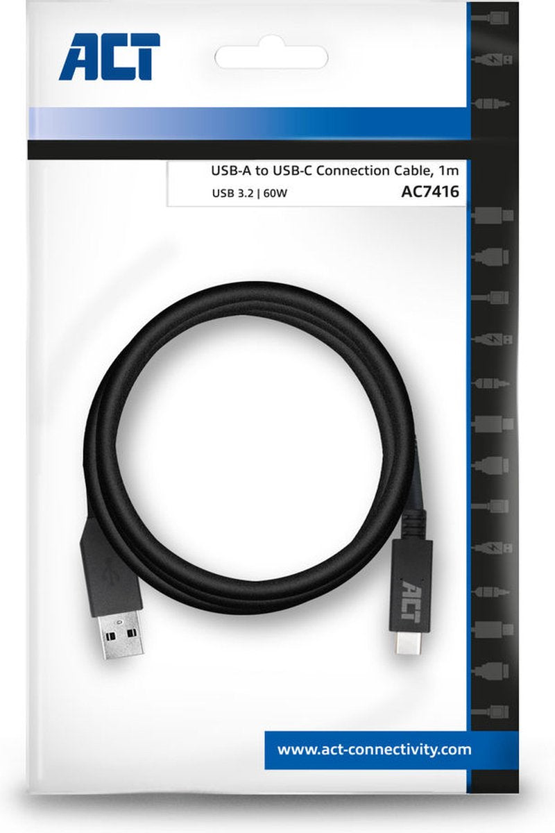 ACT AC7416 USB-A/USB-C Aansluitkabel - USB 3.2 Gen1 - USB-A male - USB-C male - 5Gbps - Zwart