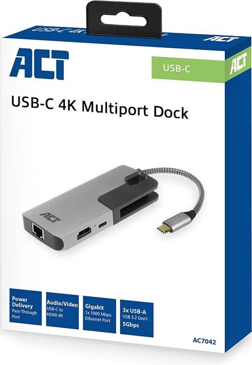 ACT AC7042 USB-C 4K multiport adapter met HDMI, USB-A, LAN, USB-C PD Pass-Through 60W