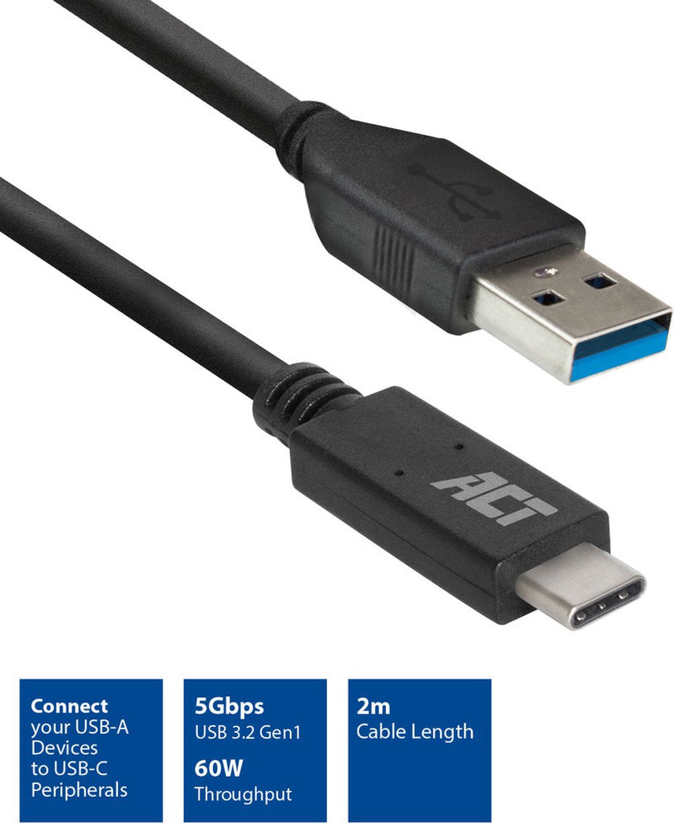 ACT AC7417 USB-A/USB-C Aansluitkabel - USB 3.2 Gen1 - USB-A male - USB-C male - 5Gbps - Zwart - 2 meter