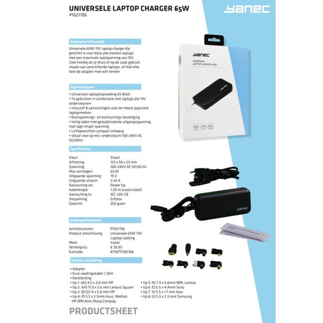 Yanec Universele Laptop AC Adapter 90W met 8 tips - Zwart